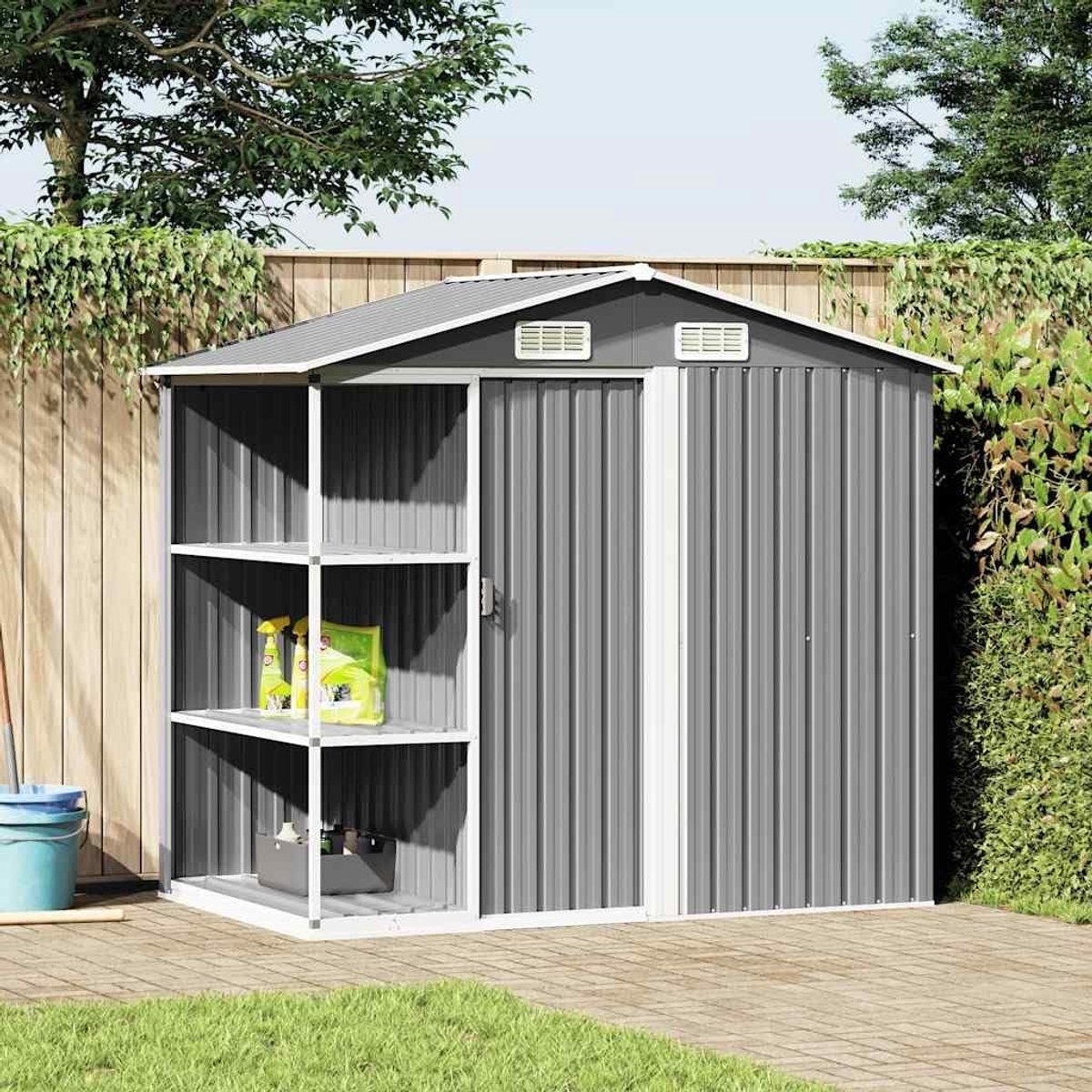 Tuinhuis met plank grijs 205x130x183 cm ijzer