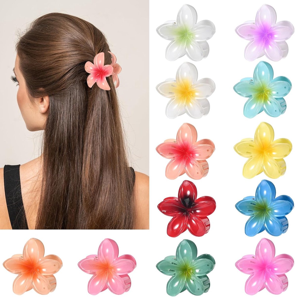Plumeria Haaraccessoires, set van 10 grote klauwclips voor dik en dun haar, tropische strandhaarclips voor vrouwen en meisjes (12)