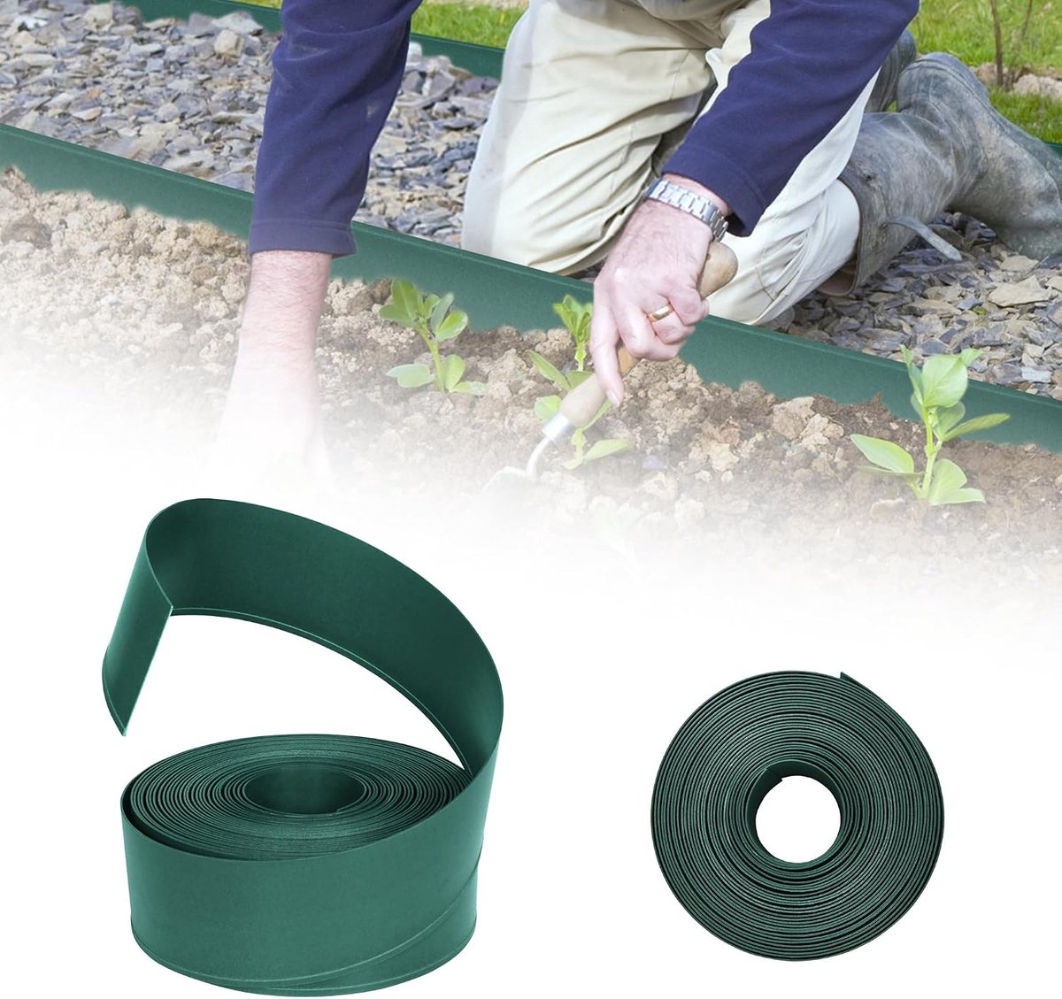 40 m Gazonrand, kunststof bloembedrand, rol, flexibele gazonbegrenzing, gazonafbakening, maairand, voor tuinbedden, eenvoudige installatie, groen