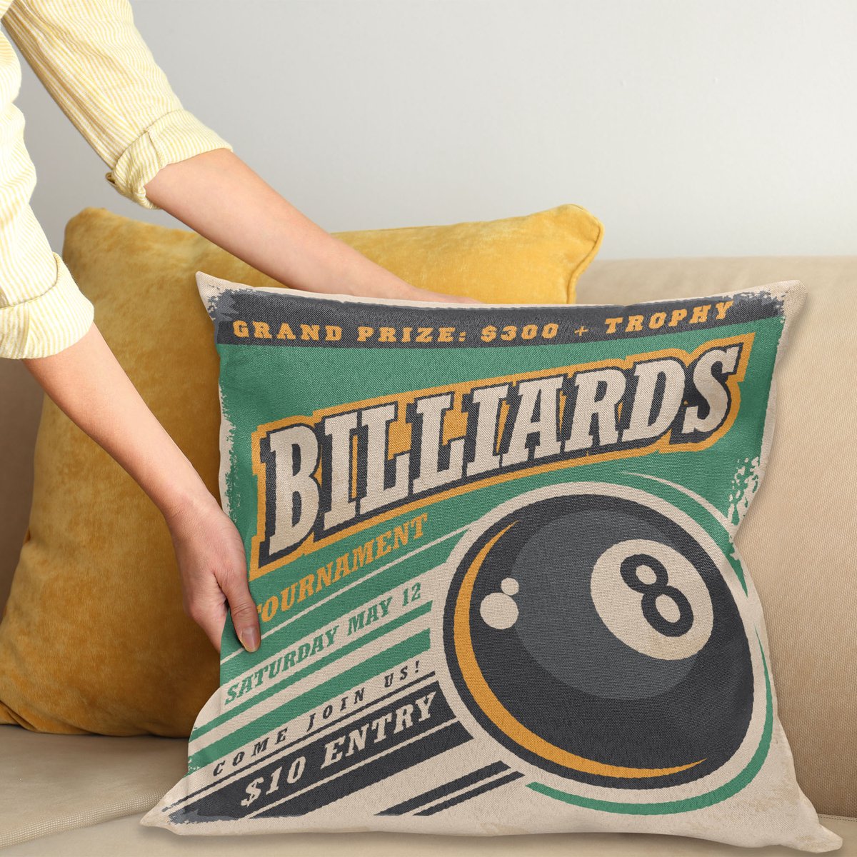 ABAKUHAUS Vintage Sierkussenhoes, Advertisement met Billiard Balls Vorm Grand Prize Woorden Hobby Game Play Sport, Decoratieve Vierkante Sierkussenhoes, 50 x 50 cm, Licht Sage