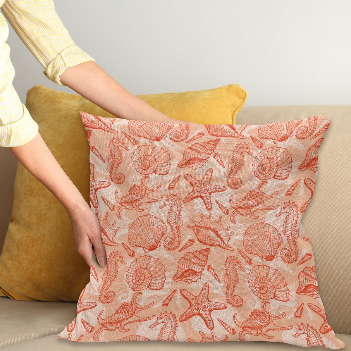 ABAKUHAUS Koraal Sierkussenhoes, Nautisch Maritiem Zee Mix Group met Seahorse Shells en Starfish Oceaan Zomer Thema, Decoratieve Vierkante Sierkussenhoes, 40 x 40 cm, Salmon