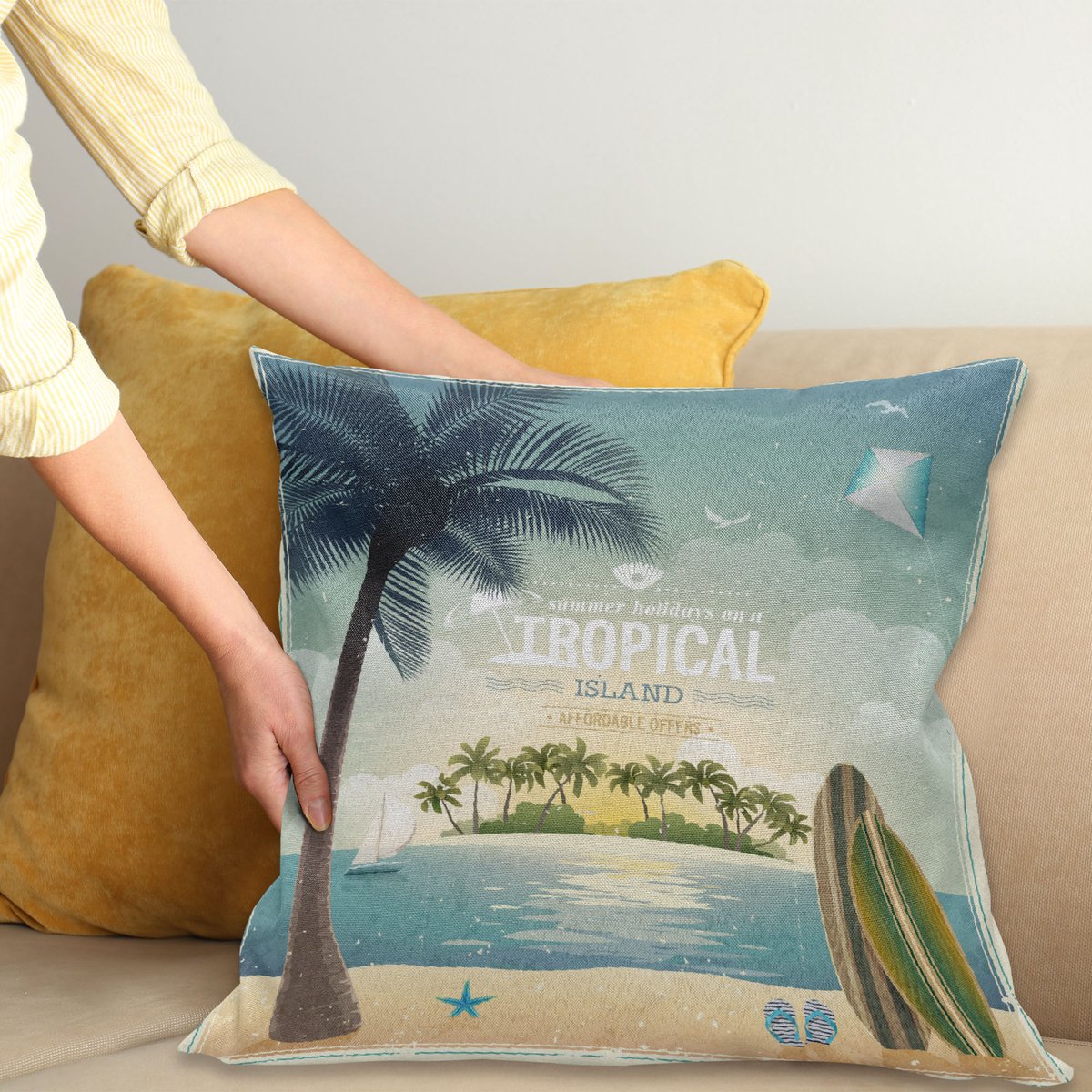 ABAKUHAUS Vintage Hawaii Sierkussenhoes, Retro Eiland op de Horizon Surfing Boards Kite Strand Holiday Thema, Decoratieve Vierkante Sierkussenhoes, 65 x 65 cm, Lichtblauw