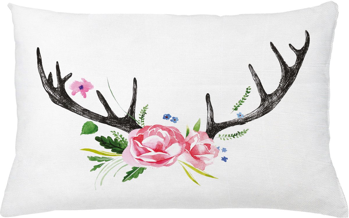 ABAKUHAUS Antler Sierkussenhoes, Zwart Hert Horns met Roze Roses Bloemen Wreath Ontwerp in Watercolors Wilde Dieren Kunst, Decoratieve Rechthoekige Sierkussenhoes, 65 x 40 cm, Houtskool