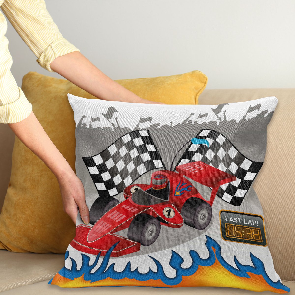 ABAKUHAUS Cars Sierkussenhoes, Race Auto Finish Line Flags Pilot Abstract Effen Achtergrond Print, Decoratieve Vierkante Sierkussenhoes, 40 x 40 cm, Meerkleurig