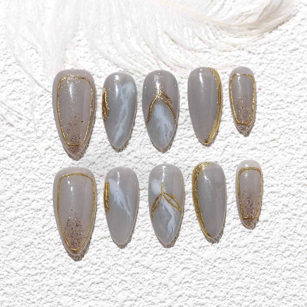 Nails Handgemaakte kunstnagels, middellang, amandelnagels om op te plakken, in blauw goud, ombre handgeschilderd kleurverloop, design met kleefpads, 10 stuks (#230 M)