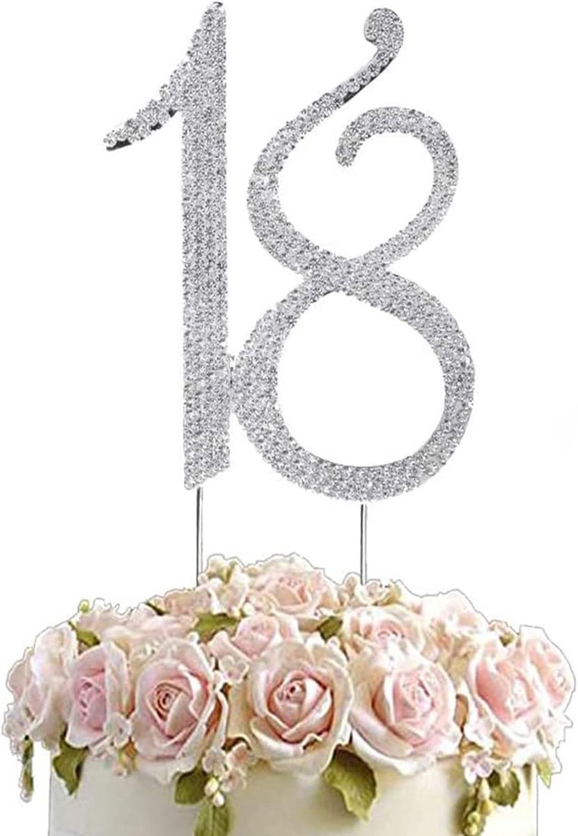 Taarttoppers nr. 18, 18-Cijferige Strass Taarttoppers voor Feestartikelen, voor Jubileum, Feestdecoratie, Verjaardagstaartdecoratie (Zilver)