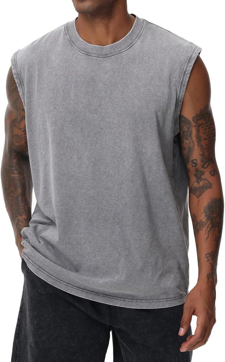 Korte mouwen zomer mouwloos shirt mannen fitness mouwloos vest, gewassen mouwloos T-shirt, workout gym katoen
