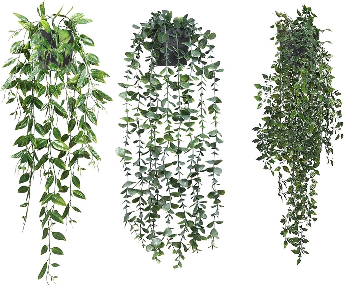 Kunstplanten met potten, hangende kunstplanten, eucalyptusbladeren, onderhoudsvrije plastic potplant wijnstok voor kantoor, woonkamer, binnen, buiten, veranda, tuin decoratie
