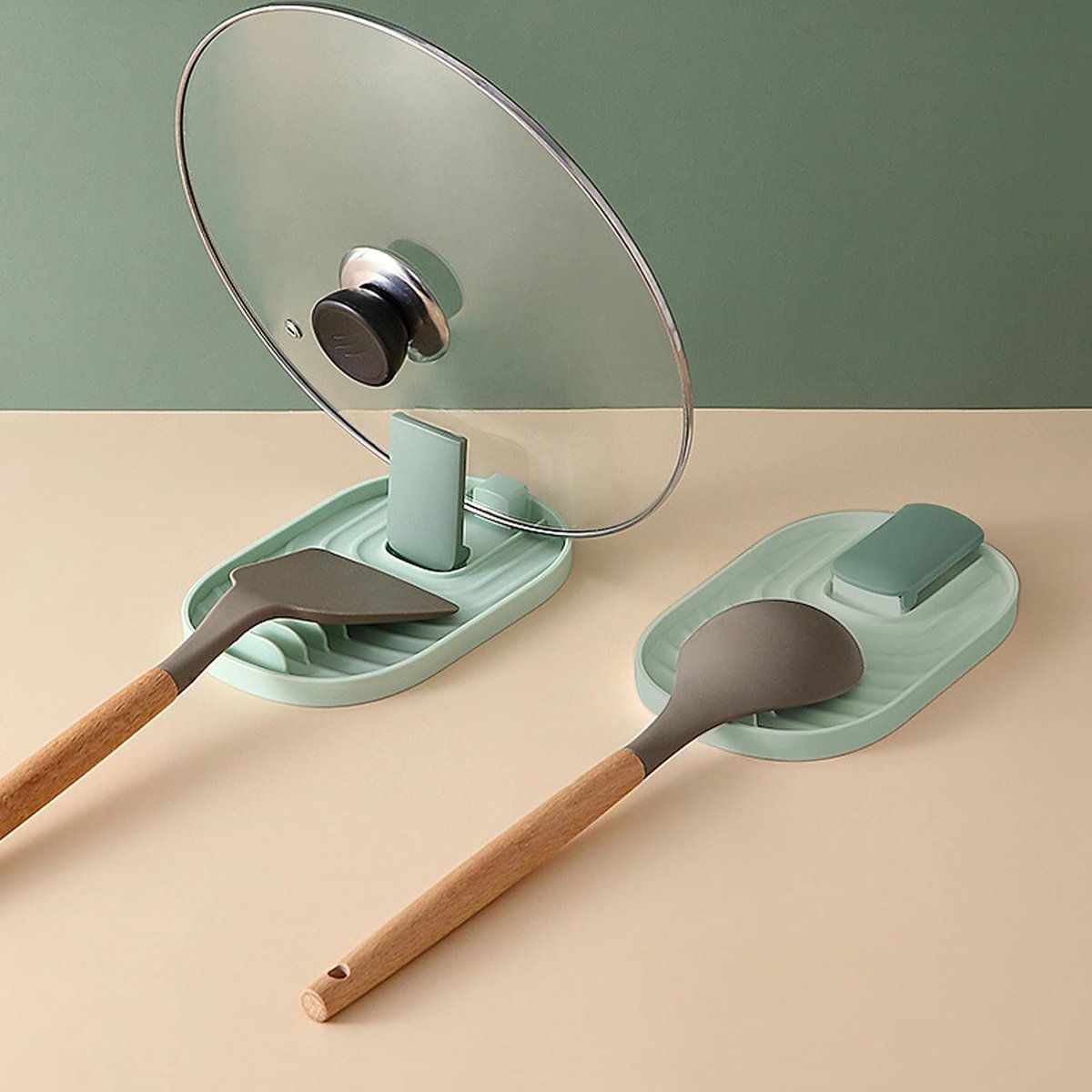 Houders groen, lepelhouder en kooklepelhouder voor keuken, keukengereihouder van kunststof, bestekbak voor werkblad, dekselhouder tegen druppelvlekken