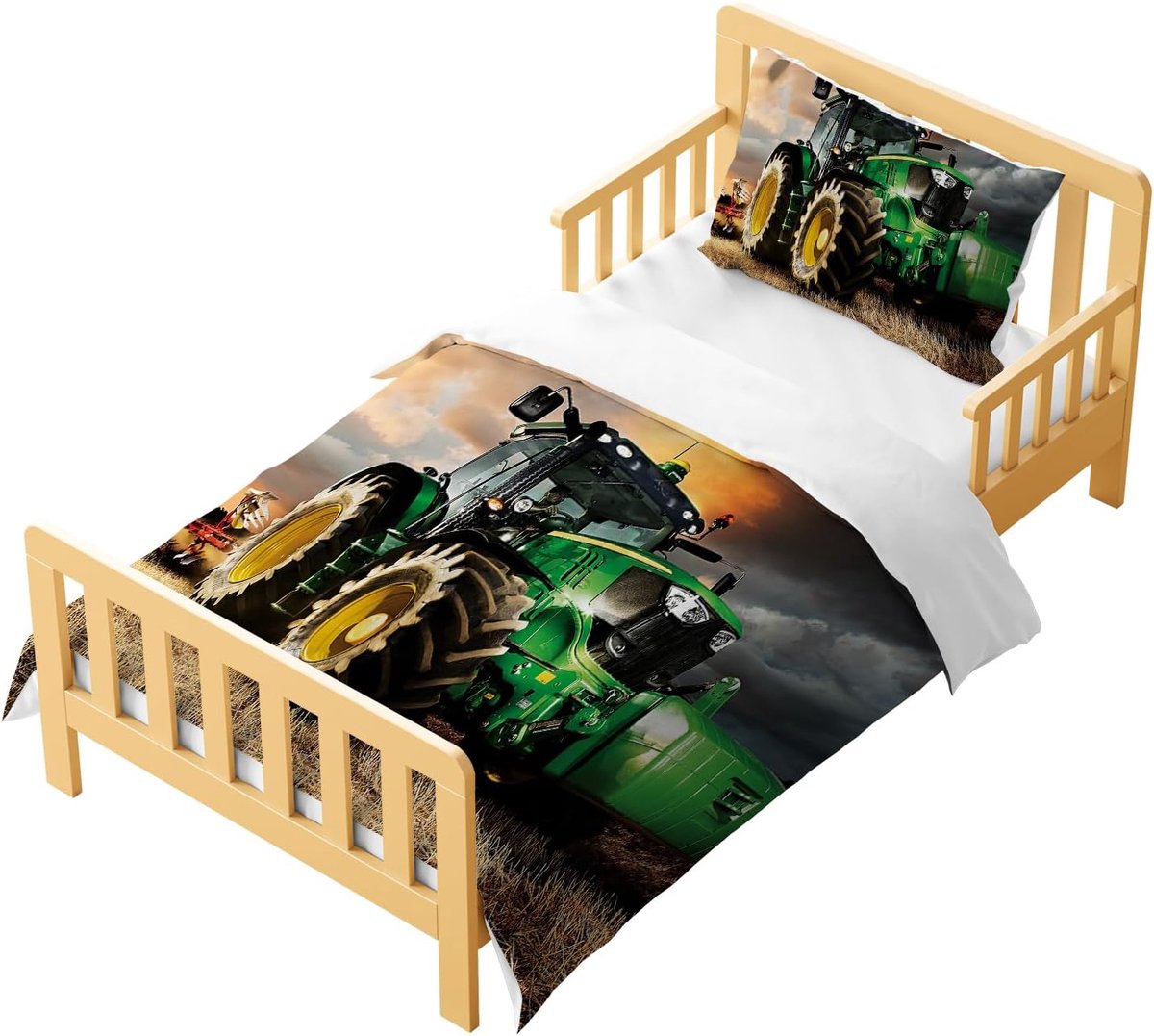 Kinderbeddengoedset, 2-delig, 90 x 190 cm, eenpersoons dekbedovertrekset met 1 kussensloop, 3D-print, cartoonstijl, beddengoed met ritssluiting (tractor A, 90 x 190 cm)