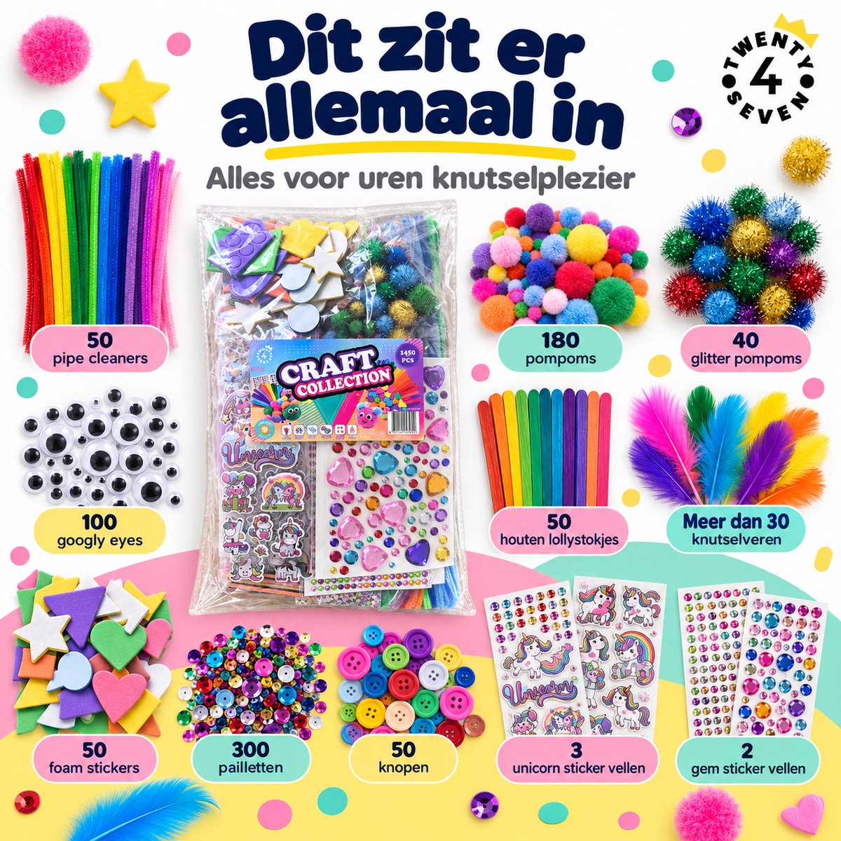 Twenty4seven® Knutselset 1450 Delig - Knutselpakket met Pompons, Pailletten en Stickervellen - Knutselen voor Meisjes en Jongens vanaf 5 Jaar - Speelgoed en Cadeau — afbeelding 5