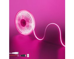 12V COB LED strip light 9.84FT/3M (zonder voeding), roze, 320led /M met 5521DC bus en rode en zwarte draad connector, 8mm breed, IP20, voor DIY home interieur