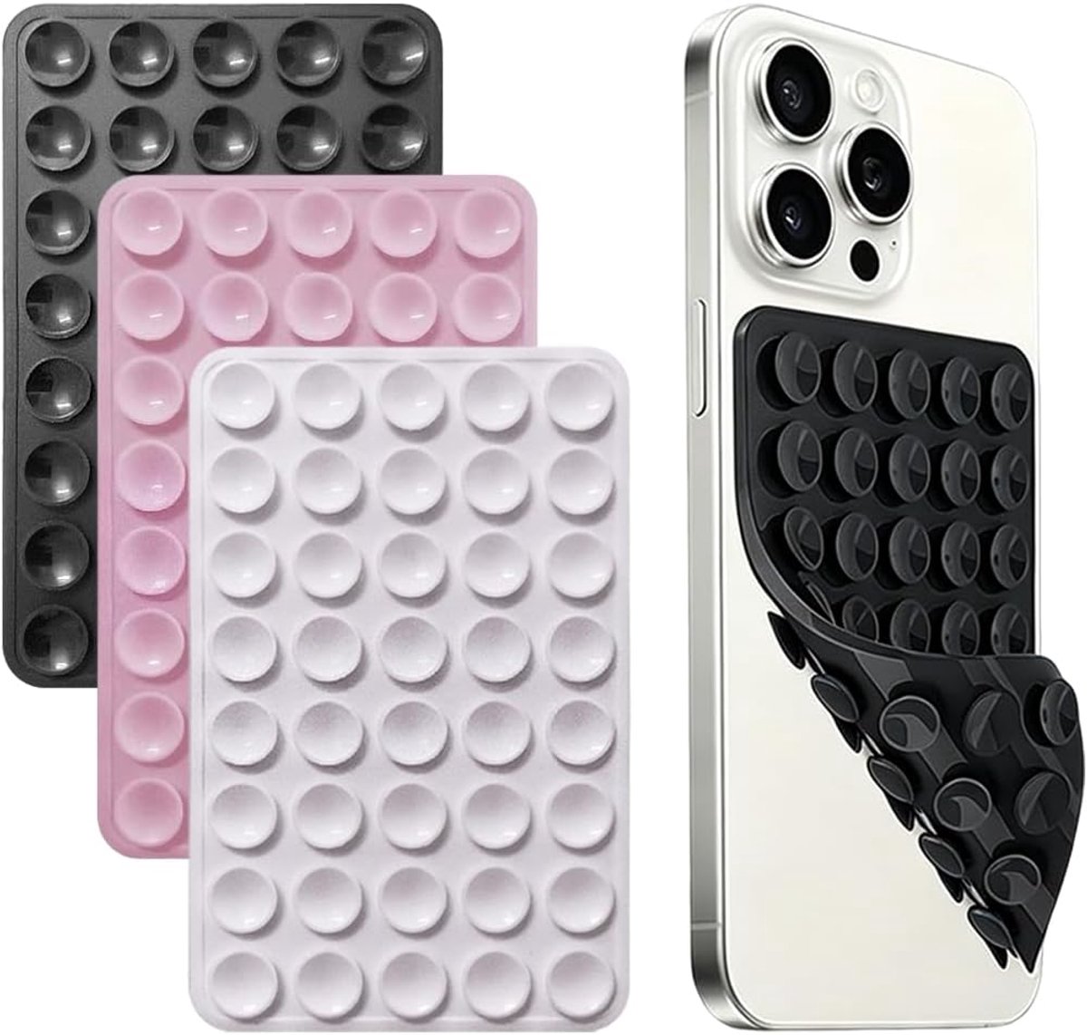 3 stuks siliconen zuignaphouders dubbelzijdig, voor selfies, auto, wit, zwart, roze