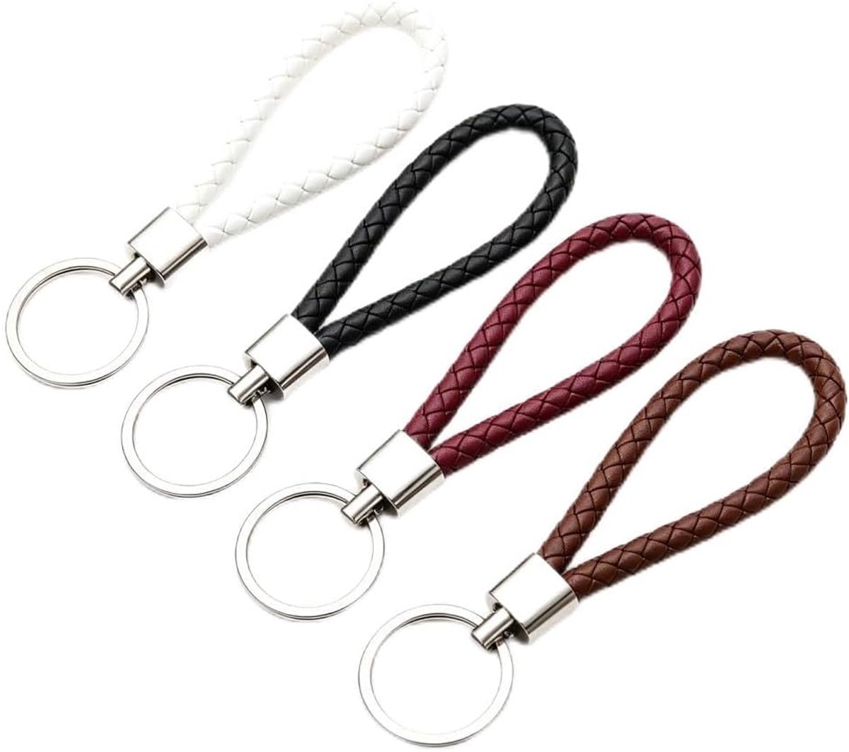 Sleutelhanger van gevlochten leer, set van 4, hoogwaardige sleutelband, kort, voor auto, motorfiets, fiets en huis, universele sleutelhanger voor dames en heren, elegante sleutelringen van kunstleer