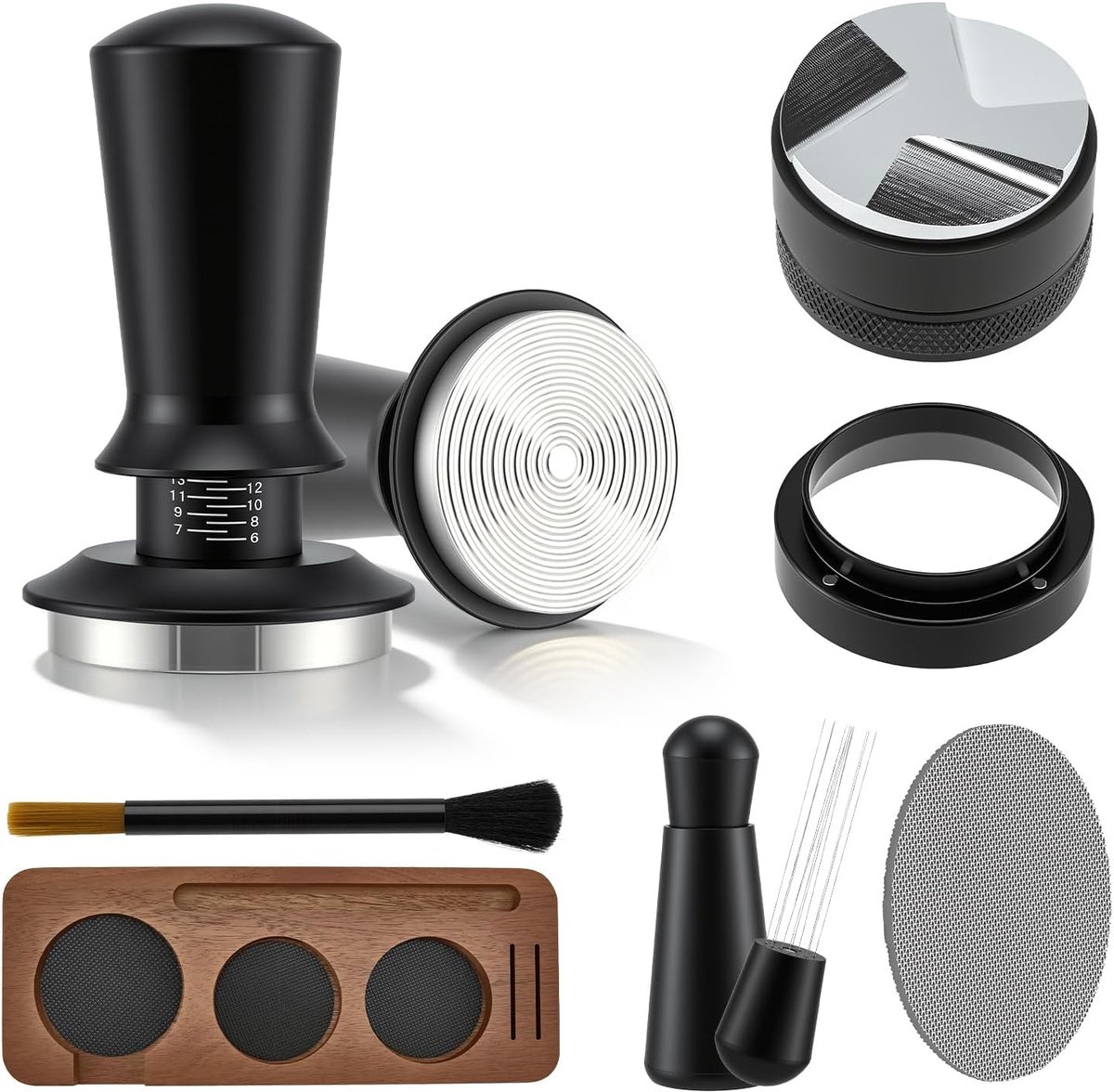51 mm espresso tamper 7-delige set compleet met tamperstation, distributeur, WDT tool, doseerring, puckscreen, roerder en reinigingsborstel, professionele barista-accessoires voor koffieliefhebbers en