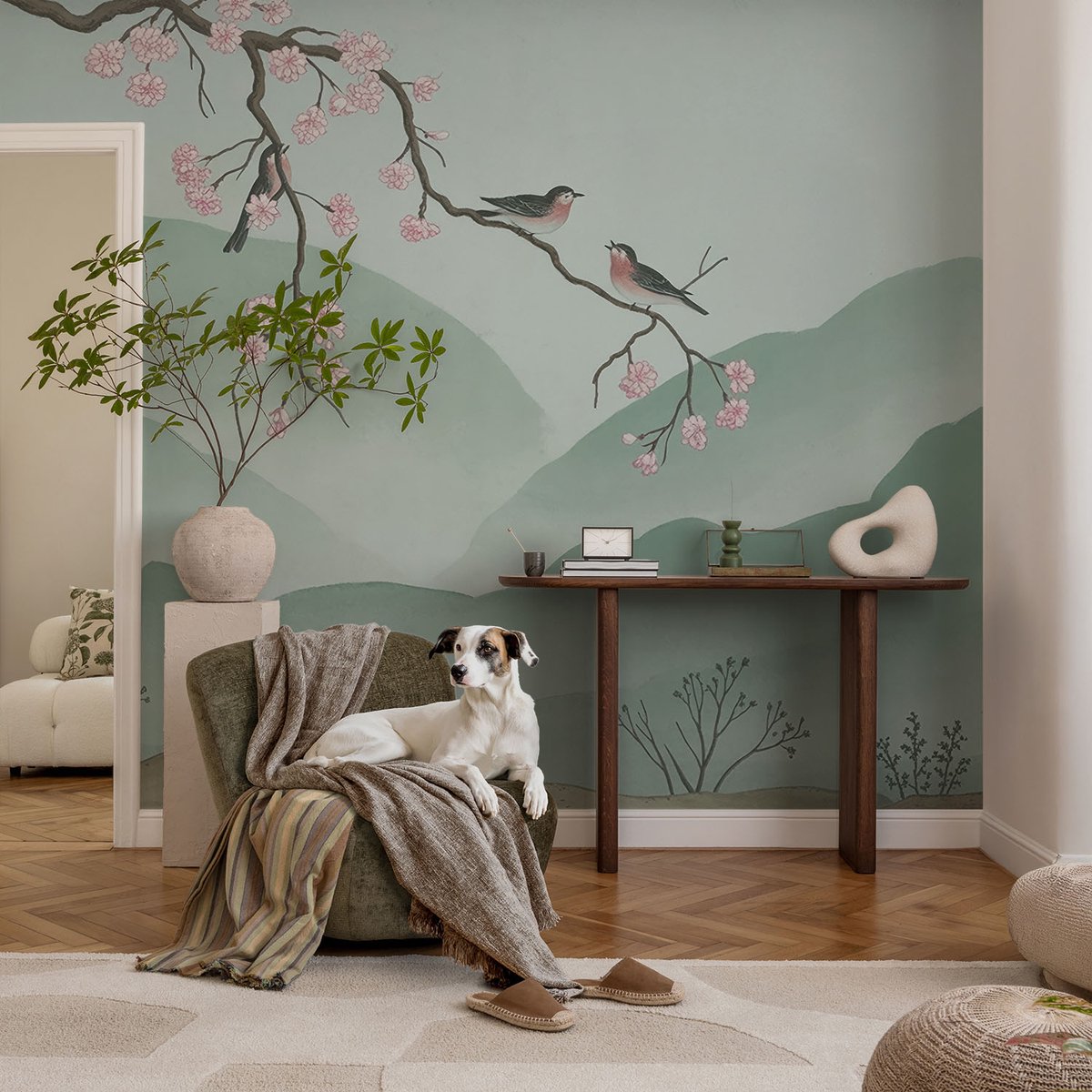 Coloray Vliesbehang - Grijs Snellijm Behang - 104x70 cm - Japanse Serenade Fotobehang Vlies - Woonkamer behang Bloemen En Planten - Muurschildering - Woonkamer behang