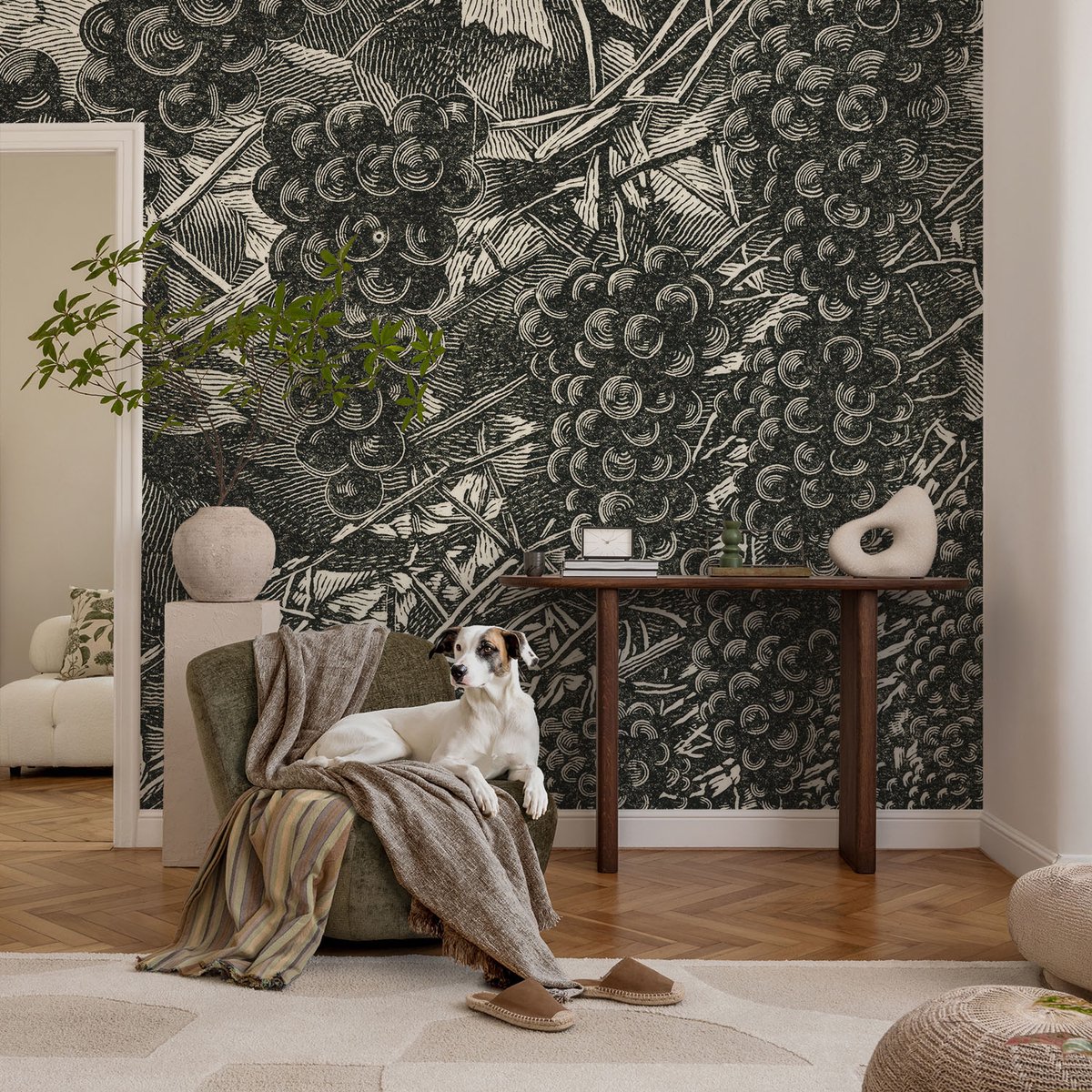 Coloray Vliesbehang - Zwart-Wit Snellijm Behang - 104x70 cm - Druivenafdruk Fotobehang Vlies - Hal behang Bloemen En Planten - Muurschildering - Woonkamer behang