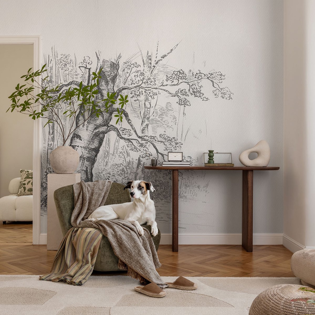 Coloray Vliesbehang - Zwart-Wit Snellijm Behang - 104x70 cm - Bosboom Fotobehang Vlies - Hal behang Bloemen En Planten - Muurschildering - Woonkamer behang