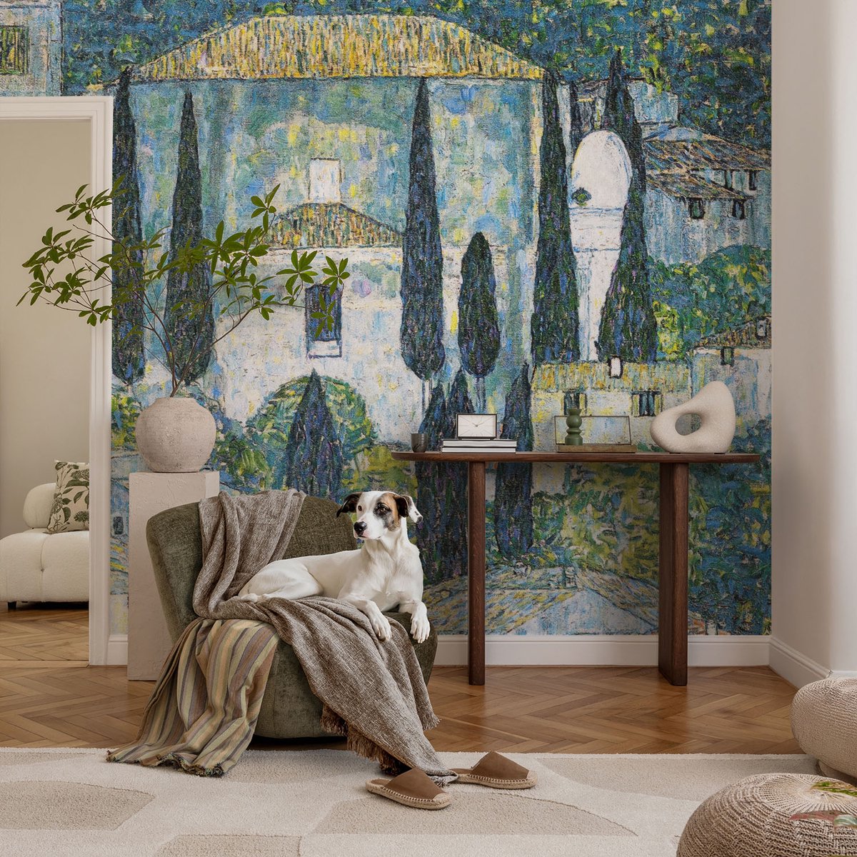 Coloray Vliesbehang - Blauw Snellijm Behang - 104x70 cm - Cypress Huizen Fotobehang Vlies - Woonkamer behang Landschappen - Muurschildering - Woonkamer behang
