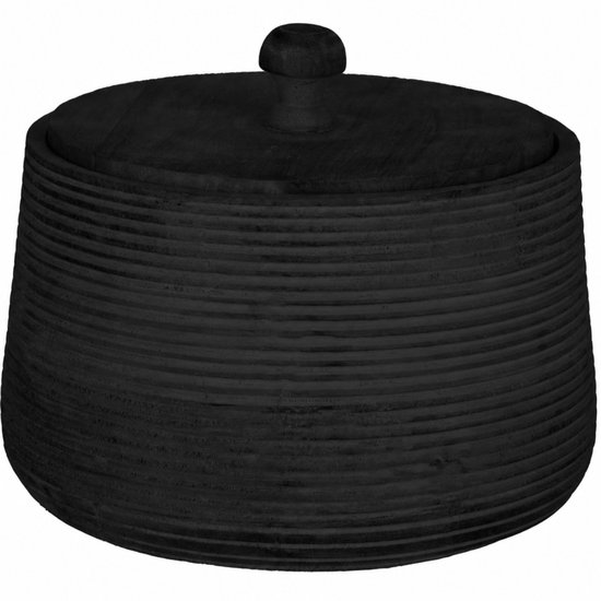 Zwarte, cilindervormige houten opbergpot met ribbelpatroon en deksel met knop.