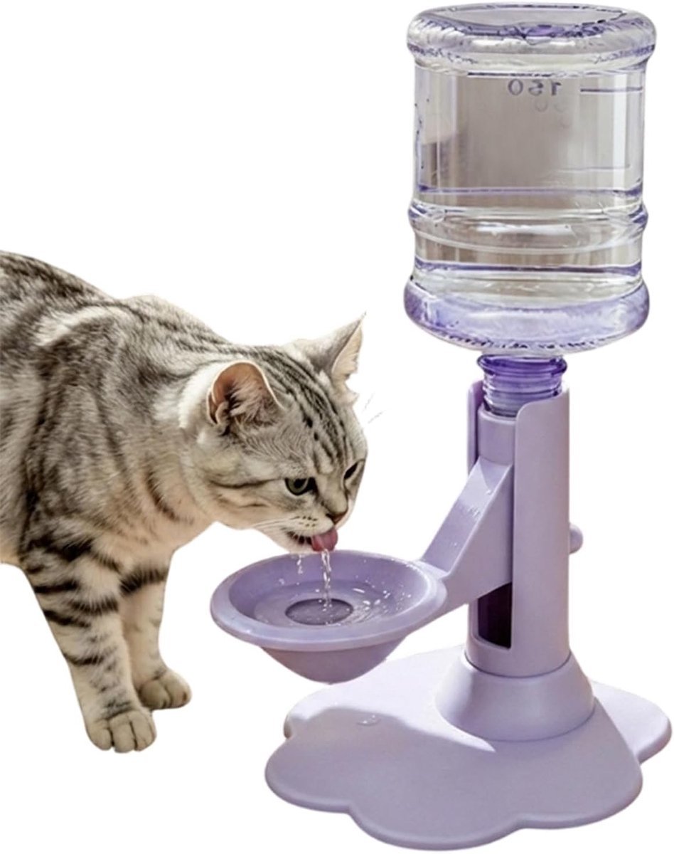 Standaard voor drinkbak voor katten – In hoogte verstelbare standaard met morsbestendige drinkbak; met automatische watervoorziening; afneembaar en eenvoudig te reinigen; geschikt voor binnen en buiten (paars; inclusief voet en waterfles)