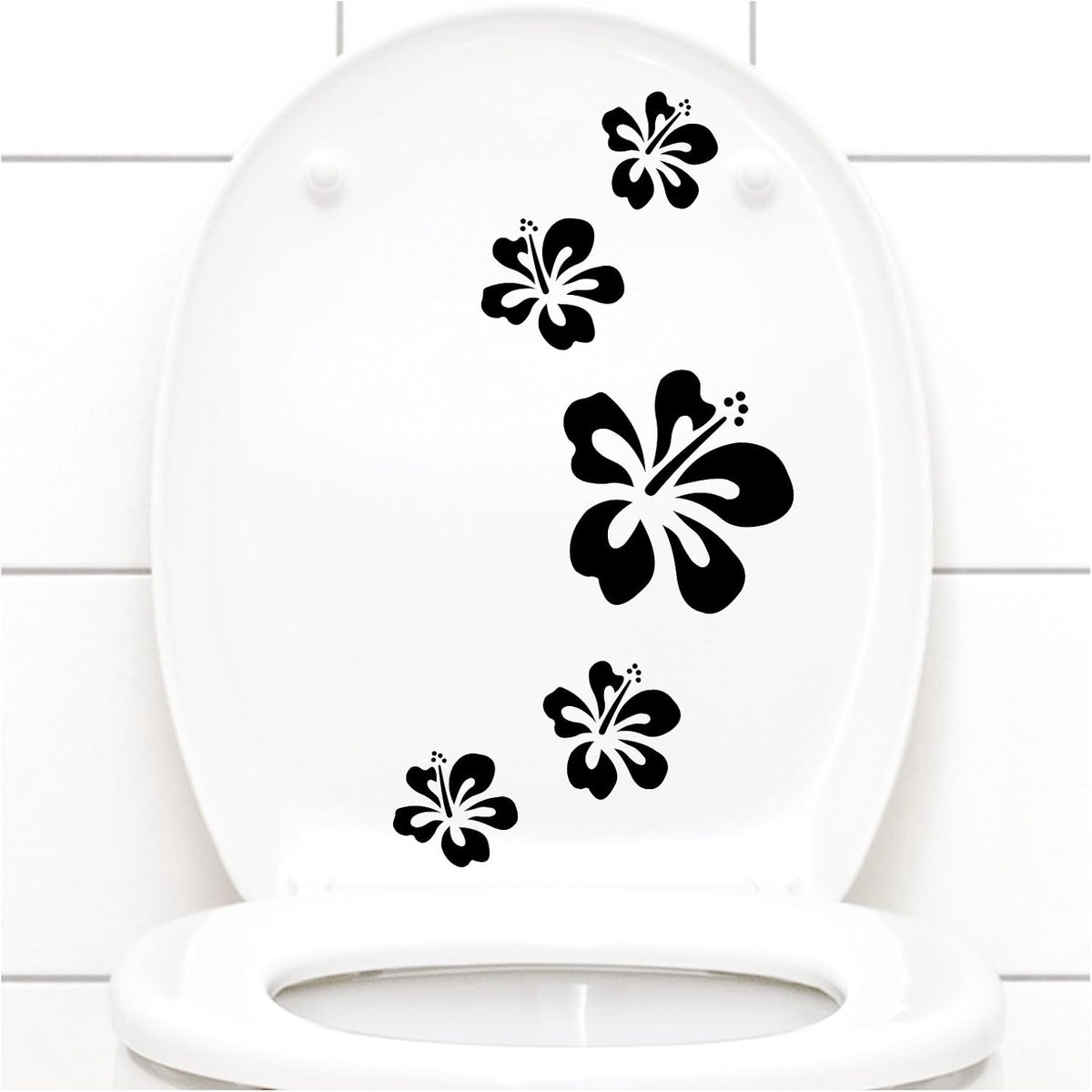 W916 Toiletdeksel sticker hibiscusbloesem I zwart 5-delige creatieve set I badkamer bloemen bloemen hibiscus sticker muursticker