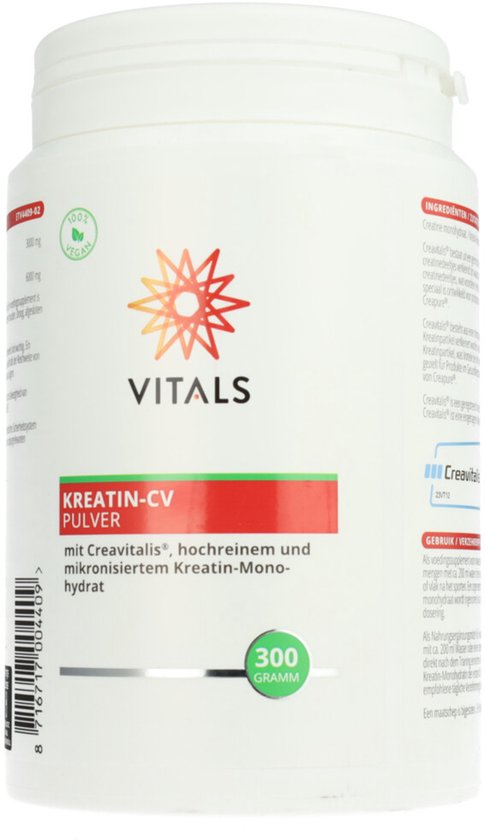 Vitals Creatin-CV poeder in witte pot. 300 gram. Met Creavitalis, hoogrein en gemicroniseerd creatin-monohydraat.