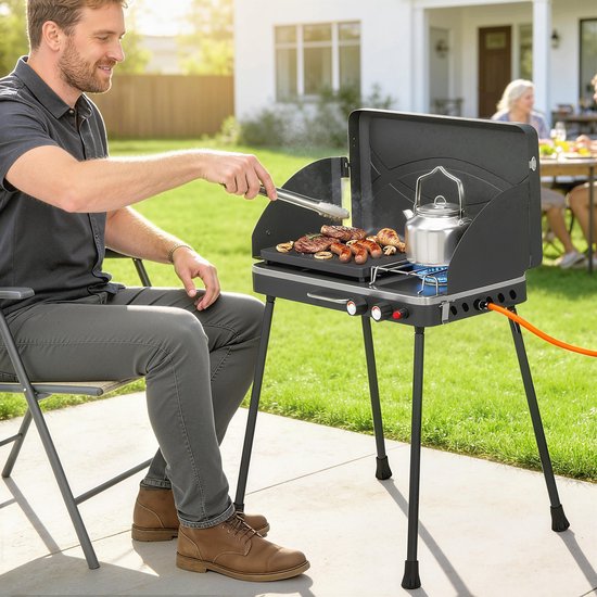 Draagbare gasgrill - 2 branders - 7 kW - 2 - in - 1 tafelgrill met braadfunctie - inklapbare poten - grillrooster - windscherm - deksel en vergrendelingsmechanisme. — afbeelding 3
