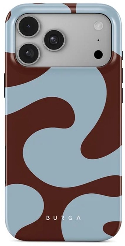 iPhone 14 Pro hoesje met bruine en lichtblauwe golvende patronen.