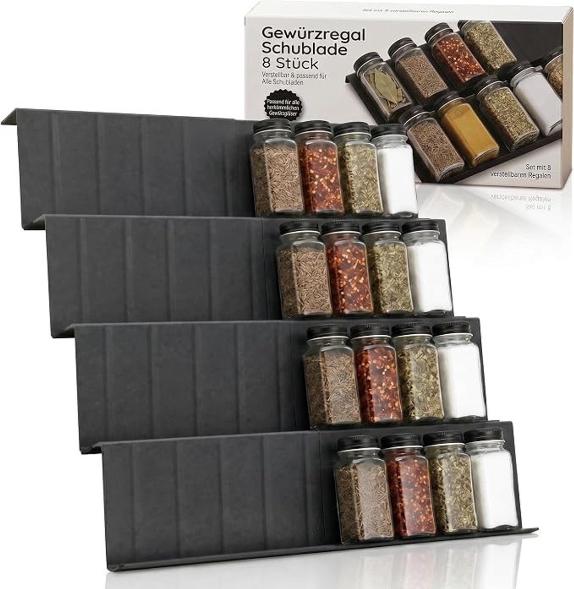 Livatto 8-pack Kruidenrek Schuiflade – Uitbreidbaar 4-verdiepingen Organizer voor max. 32 Potjes