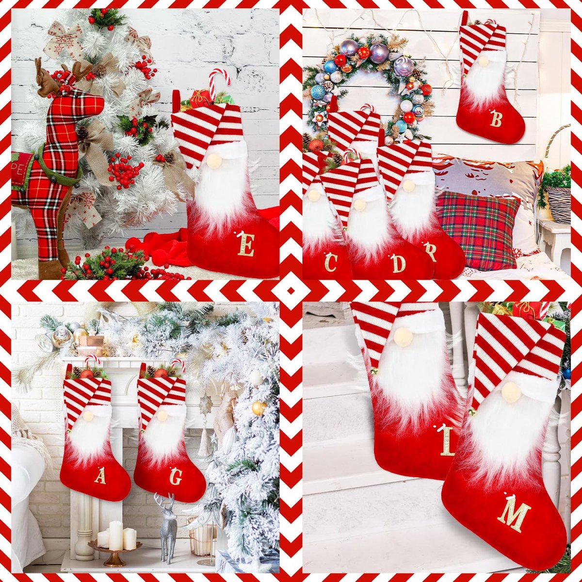 Kousen, 55 cm rode muts monogram gebreid Xmas Kerstman baard gepersonaliseerde geborduurde kousen voor kerstboom decoratie kinderen volwassenen (F)