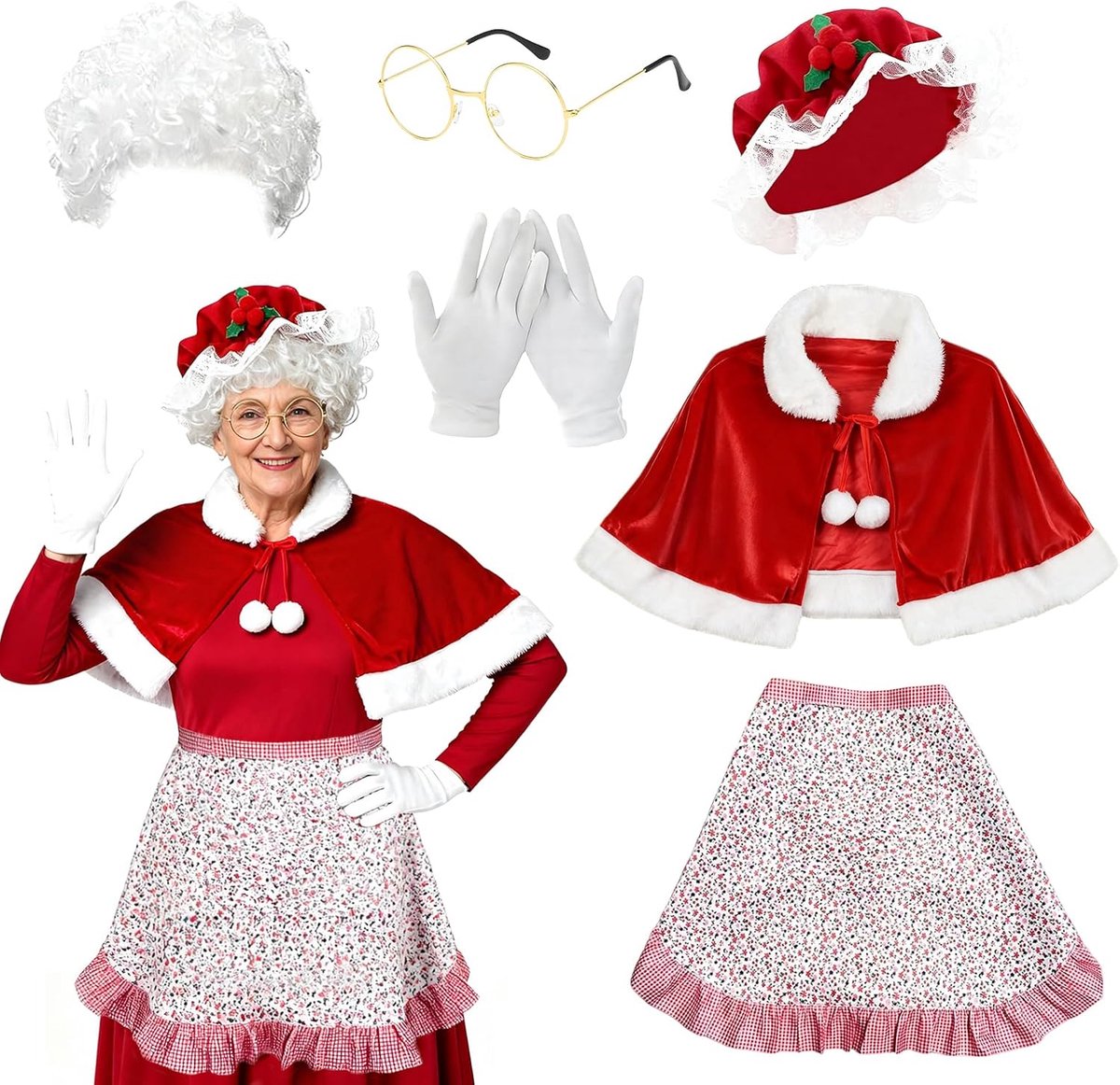 Kerstkostuum voor dames, kerstvrouwenkostuum voor volwassenen, met hoed, pruik, schort, handschoenen, bril, cosplay-accessoires voor Kerstmis, cosplay party