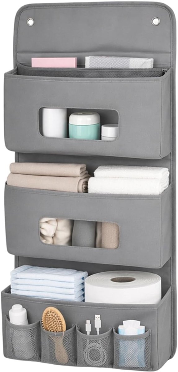 Hangend, zonder boren, opvouwbare wandorganizer, 3 vakken, hangorganizer voor badkamer en camping, 40 x 90 cm, grijs