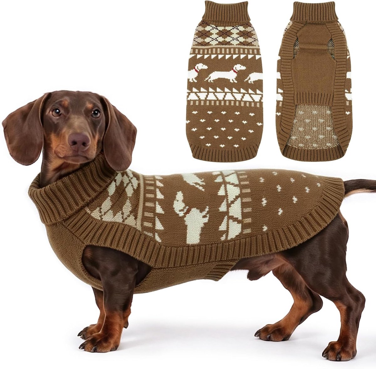 trui M, schattige hondentrui met teckelpatroon, zachte fleece hondenjas, coltrui voor kleine honden, knus herfst/winter, cadeau, beige