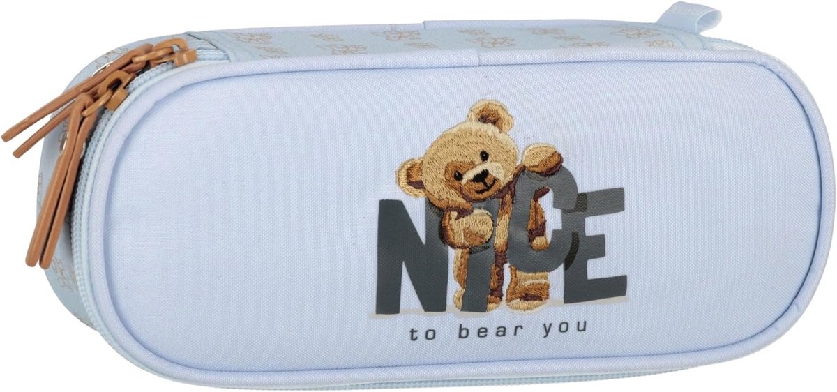 schooletui met vakken, ruim etui, ovaal, voor meisjes 22x10x5cm (Teddybeer)