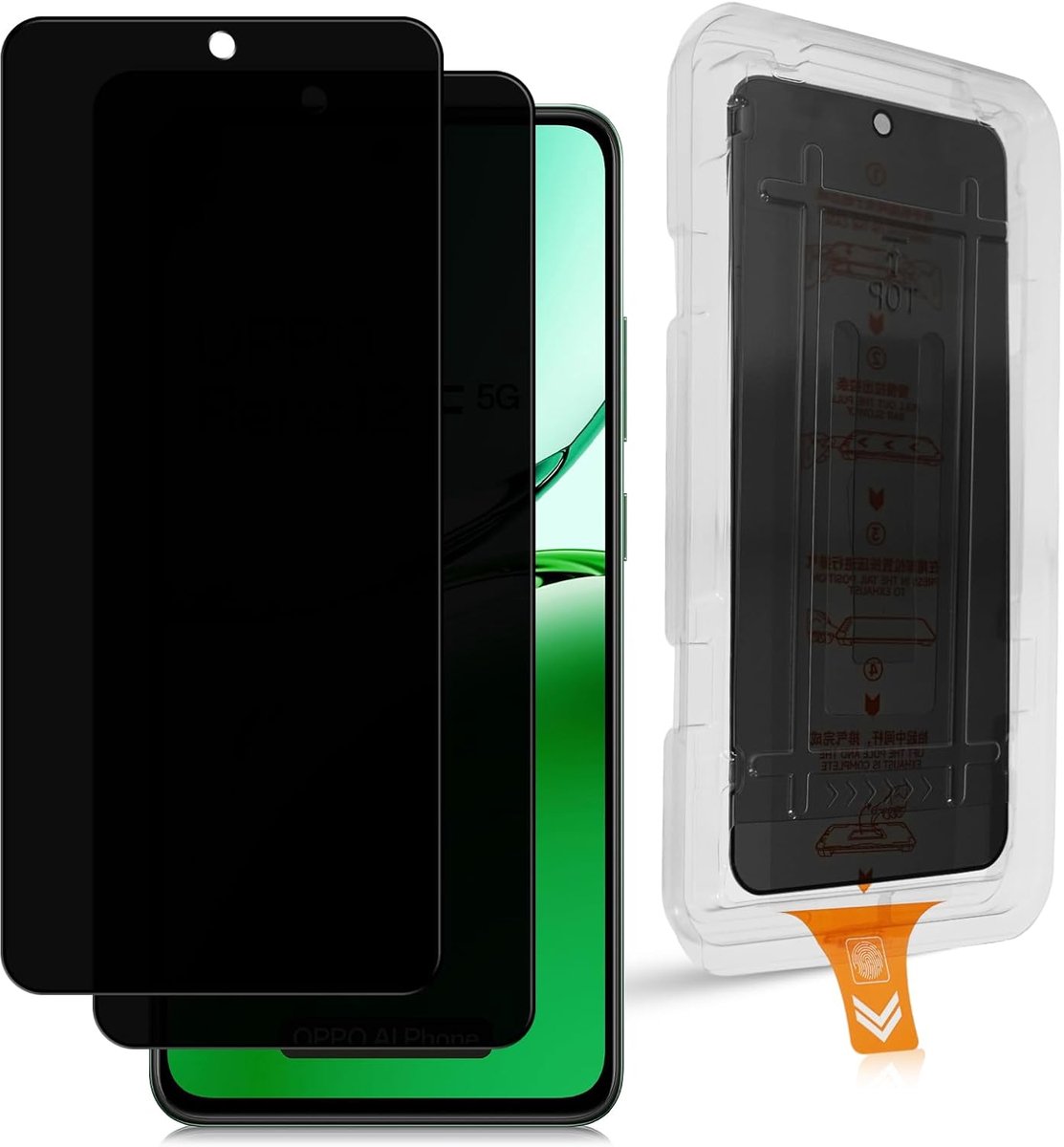 Inkijkbescherming voor OPPO Reno 12 F/12F/12 FS/12FS, 2 stuks, inkijkbescherming, 9H hardheid, anti-spyy-beschermfolie, krasbestendige privacyfolie, auto-installatie, anti-vingerafdruk, zonder
