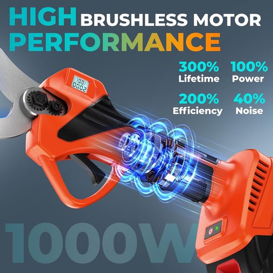 Elektrische snoeischaar met display, licht en draagbaar, elektrische snoeischaar met 1000 W borstelloze motor en 21 V, 2 x 2000 mAh batterijen, 4 tot 6 uur batterijduur, complete set voor — afbeelding 2