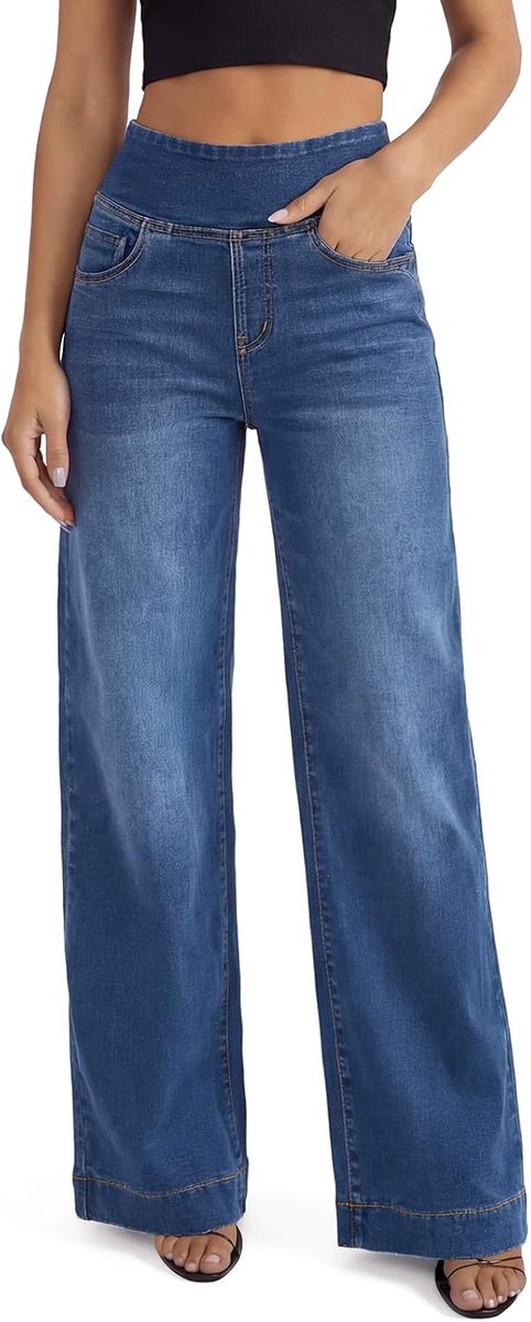 Jeans met hoge taille, brede pijpen, baggy brede pijpen, recht, buikcontrole, elastisch, modieus, met zakken, donkerblauw 29 binnenbeenlengte, L