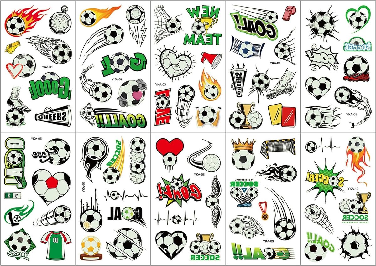 10 vellen voetbaltatoeagestickers, lichtgevende tatoeages, voetbal voor jongens, voetbalgeschenken, cadeautje voor kinderverjaardag, Kerstmis, Nieuwjaar, cadeaus (B)