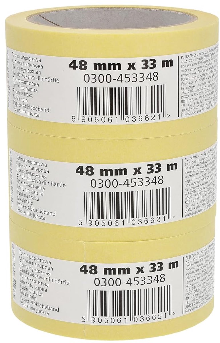 3 stuks schilderstape/crêpeband 48 mm x 33 m Serie 545, papieren schilderstape, afplaktape voor schilders met rubberlijm