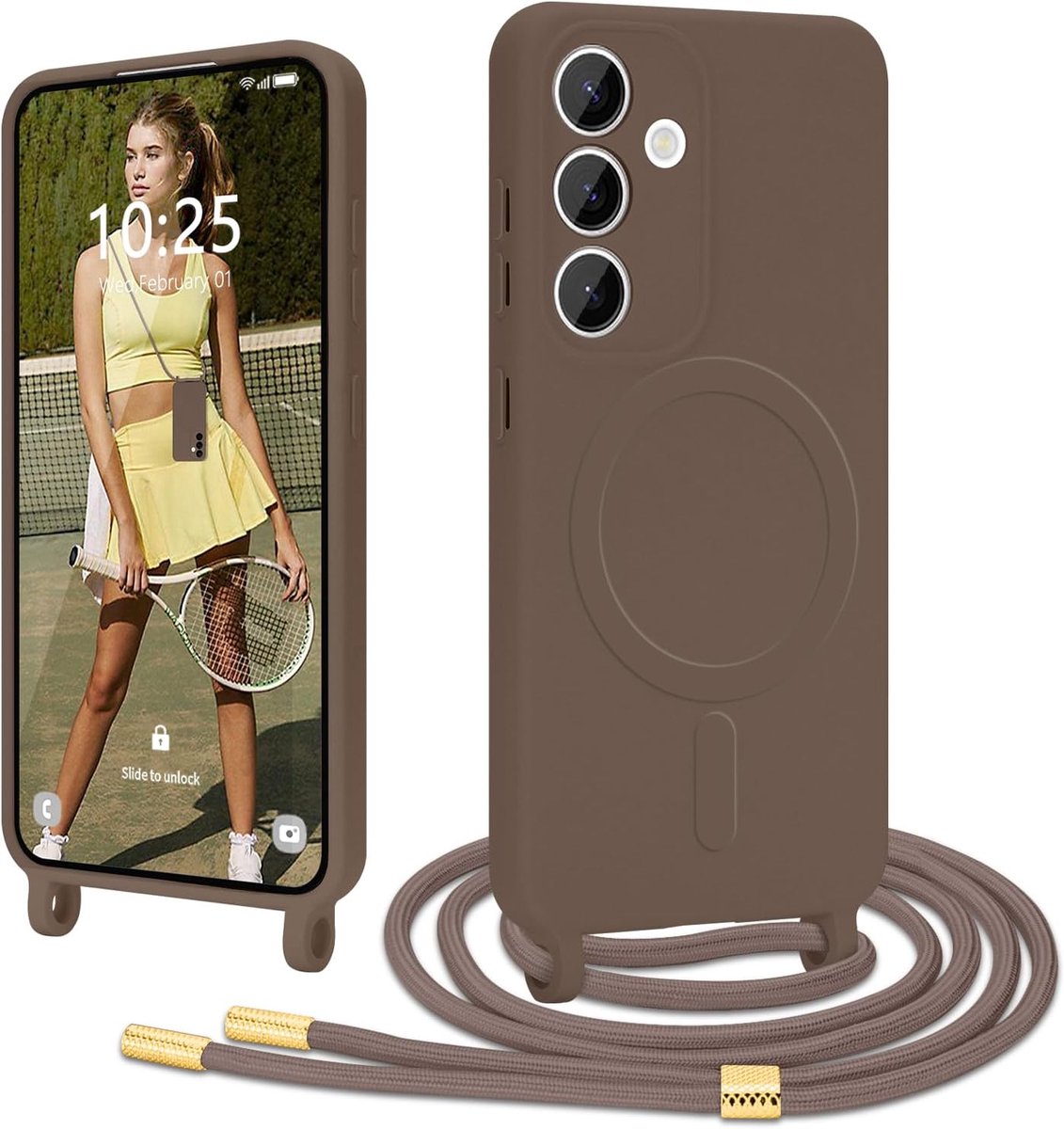 Beschermhoes met koord voor Samsung Galaxy S24, hoes met schouderriem, compatibel met MagSafe, vloeibare siliconen ketting, beschermhoes voor Samsung S24, bruin