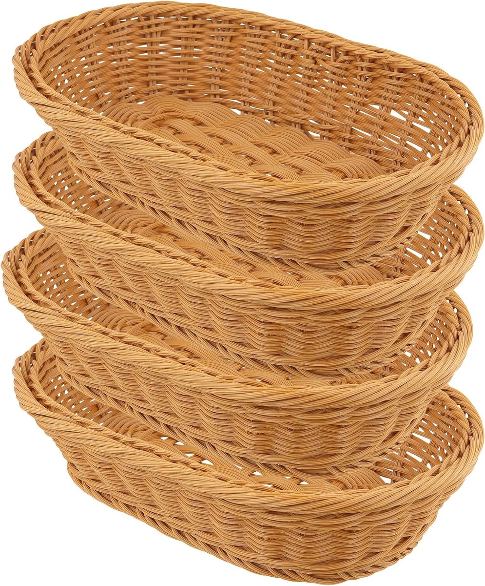 Broodmand gevlochten ovaal, 30 x 20 x 7 cm, broodmand, gevlochten mand in rotanlook, kunststof voor keuken, serveren, bewaren van groenten en fruit, 4 stuks