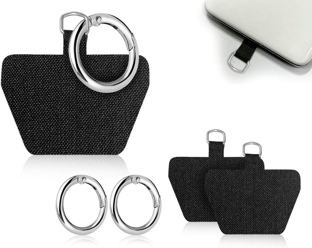 2 stuks mobiele telefoon-kettingpatches voor mobiele telefoon, zonder kleefpads voor mobiele telefoon riem met veersluitring (zwart), Zwart, Eén maat
