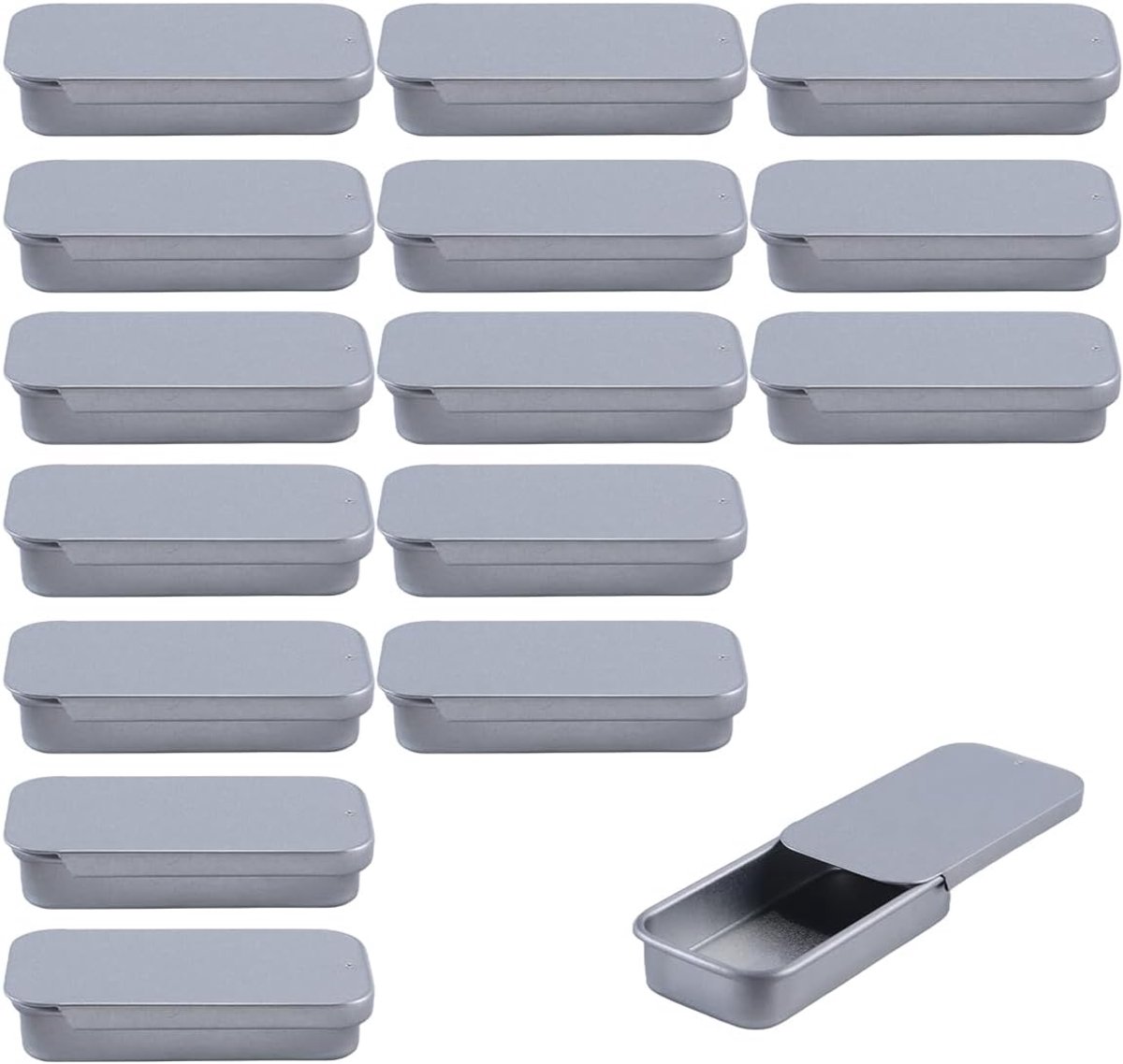 16 stuks kleine metalen dozen met schuifdeksel, 50 x 25 x 10 mm metalen doos, voor het bewaren van sieraden en het sorteren van artikelen (zilver)