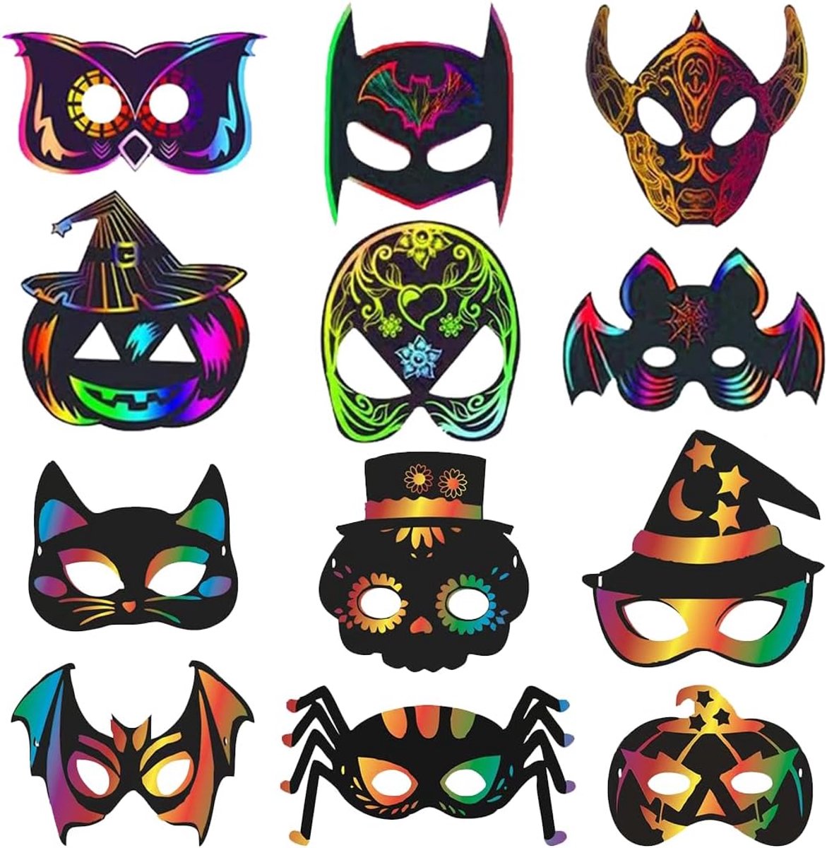 24 stuks Halloween krasafbeeldingen, maskers, krasafbeeldingen voor kinderen, Halloween-maskers, knutselset, doe-het-zelf met elastische koorden en houten handgrepen, Halloween-decoratie,