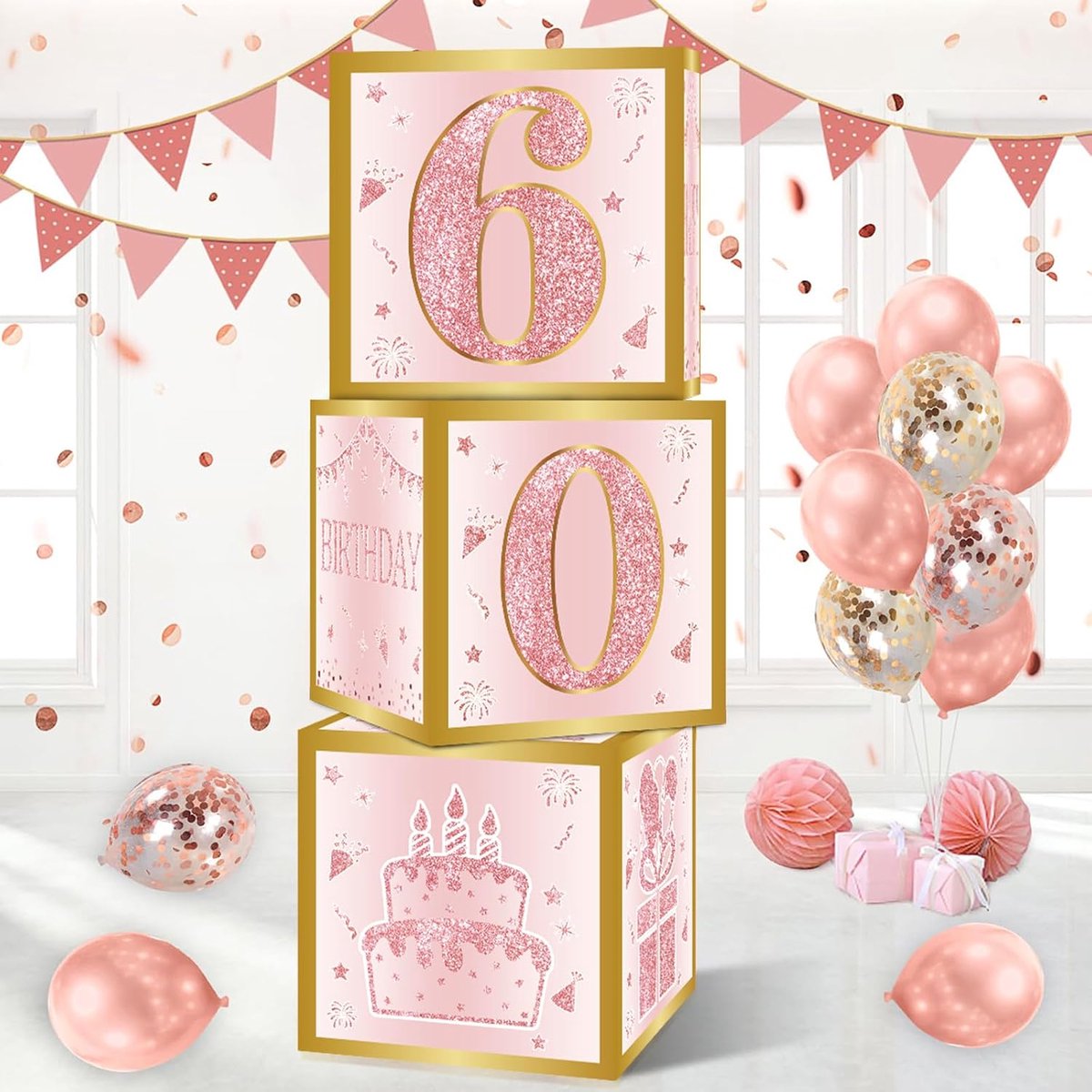 3 stuks roze en roségoud, 60e verjaardag ballondozen, 26,9 x 26,9 x 26,9 cm, Happy 60e verjaardag decoraties voor vrouwen