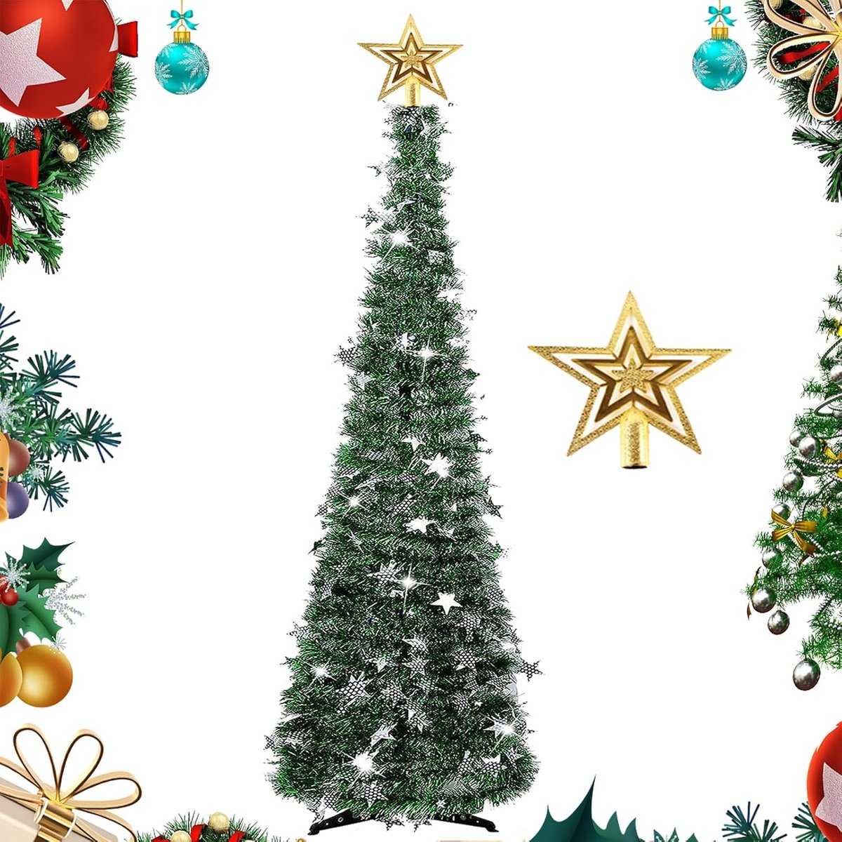 Kunstkerstboom, 1,5 m, slanke kerstboom, met stervormige boomtip en stevige standaard, versierde kerstboom voor thuis, open haard, kantoor, winkel, hotel