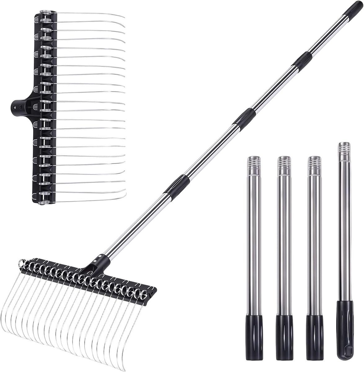 Tuinhark met verstelbare steel, brede tuinhark met 22 verenstalen tanden voor gazon, bladeren en grond, robuuste gazonhark voor verticuteren, zelfreinigende hark voor tuin, erf en gazon