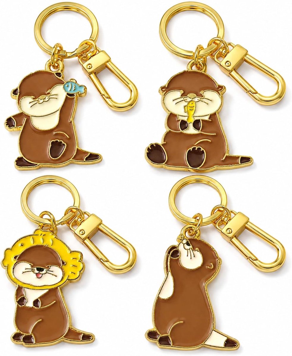 Otter-sleutelhangers, 4 stuks, otter, cadeau, sleutelhanger, dier, schattige otters met eenzijdig gegraveerde stalen plaatjes, otter, hanger, schattige gelukbrenger voor koppels en vrienden