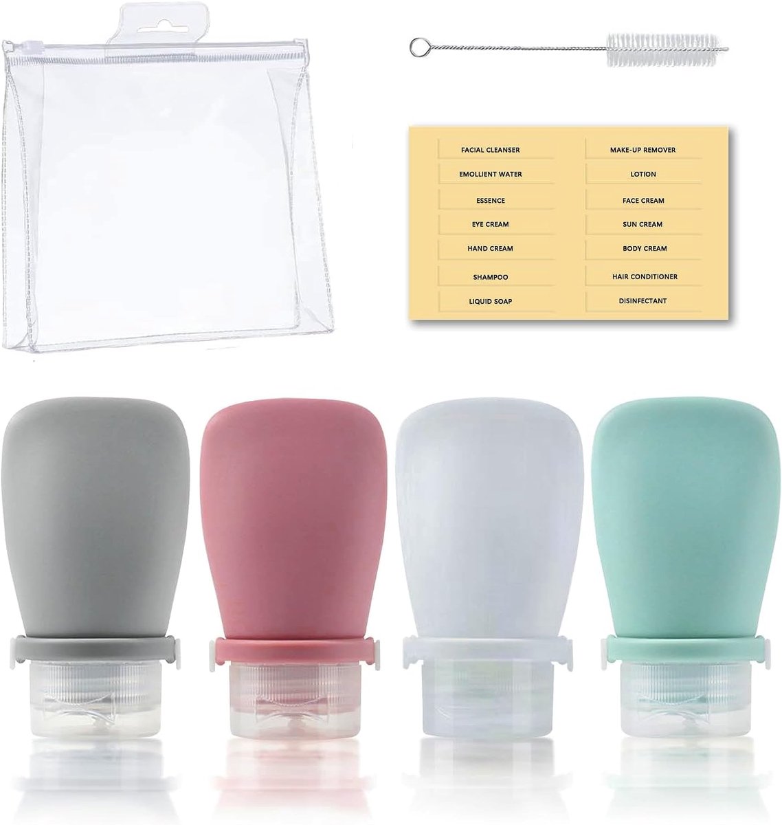 2 oz (60 ml) Siliconen reisflessen voor toiletartikelen (4-pack), lekvrije hervulbare knijpbare containers (FDA goedgekeurd) reiscontainers voor shampoo conditioner lotion vloeistoffen met opbergtas